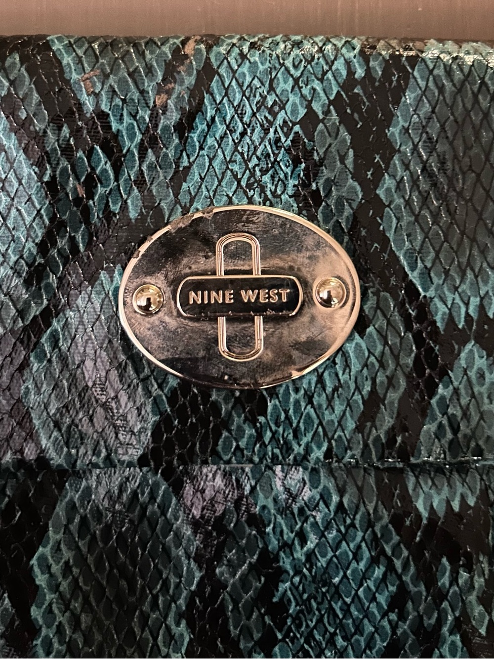 Nine West Teal and Black Snake-Print Clutch with Logo Plaque